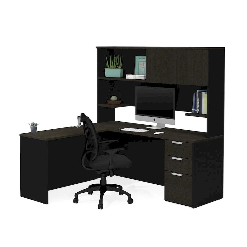 L-Shaped Office Desk with Hutch Storage and Pedestal