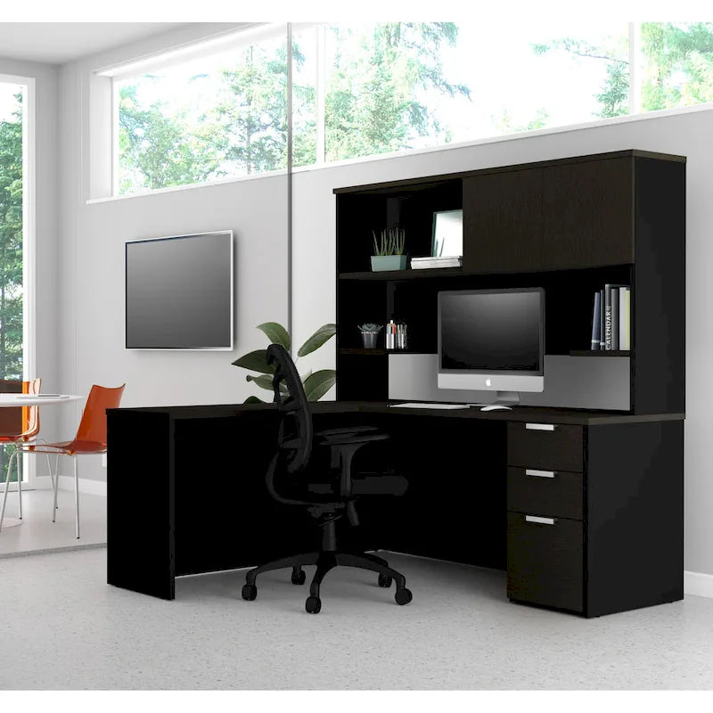 L-Shaped Office Desk with Hutch Storage and Pedestal
