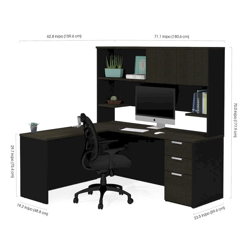 Bureau d'angle avec huche de rangement et caisson à tiroirs