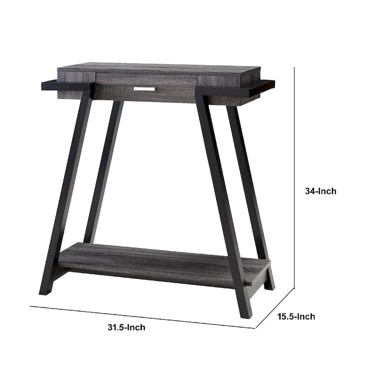 Wooden Console Table with Angled Leg Support and Drawer - Black and Gray