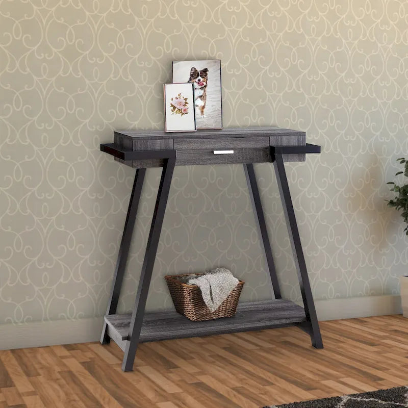 Wooden Console Table with Angled Leg Support and Drawer - Black and Gray