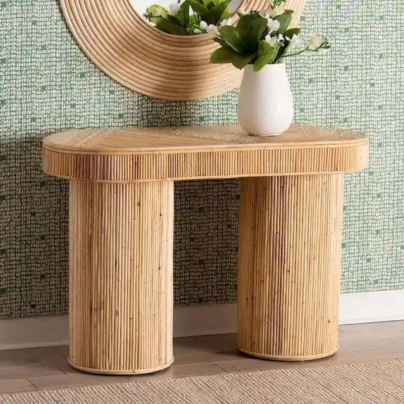 Modern Bohemian Natural Rattan Console Table with Oval Top