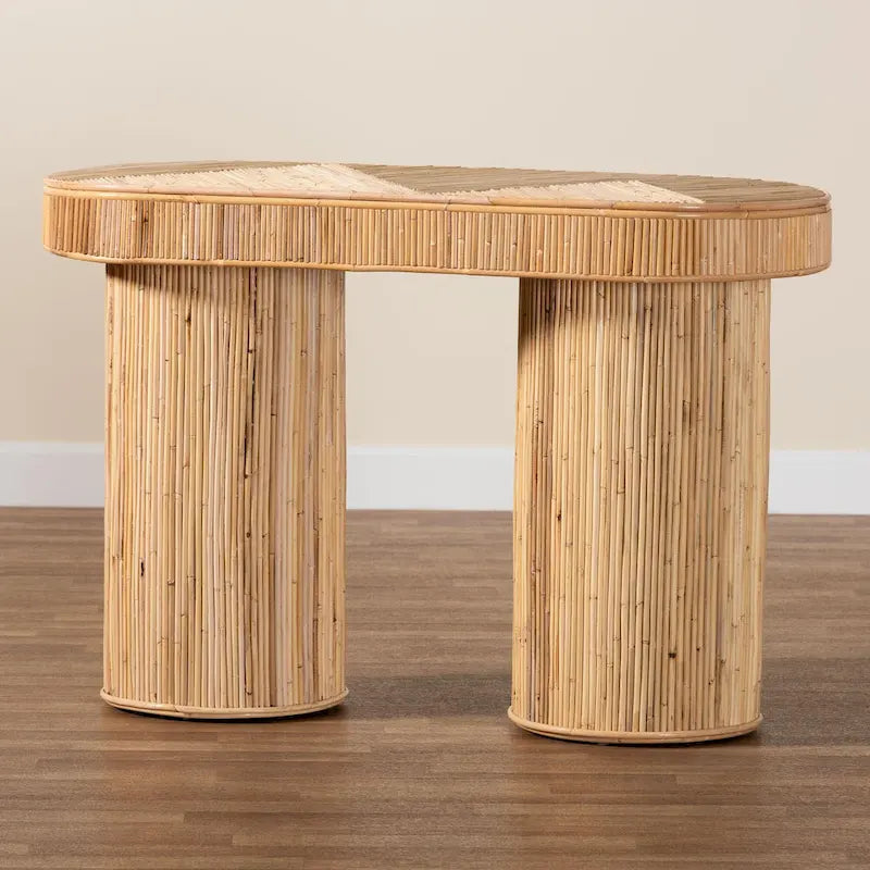 Modern Bohemian Natural Rattan Console Table with Oval Top