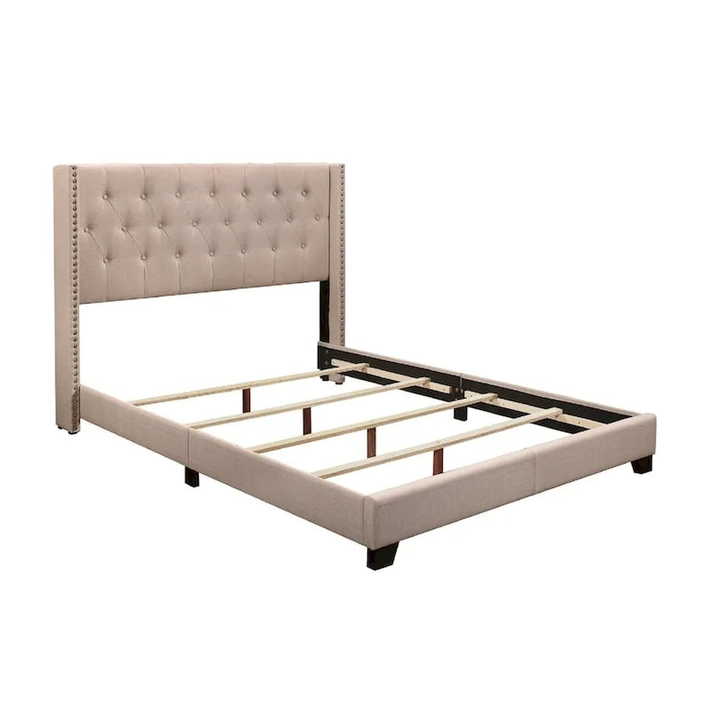 Beige Fabric Upholstered Tufted Platform Bed Frame with Headboard