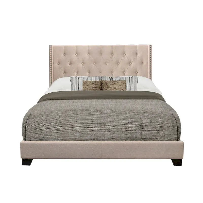 Beige Fabric Upholstered Tufted Platform Bed Frame with Headboard