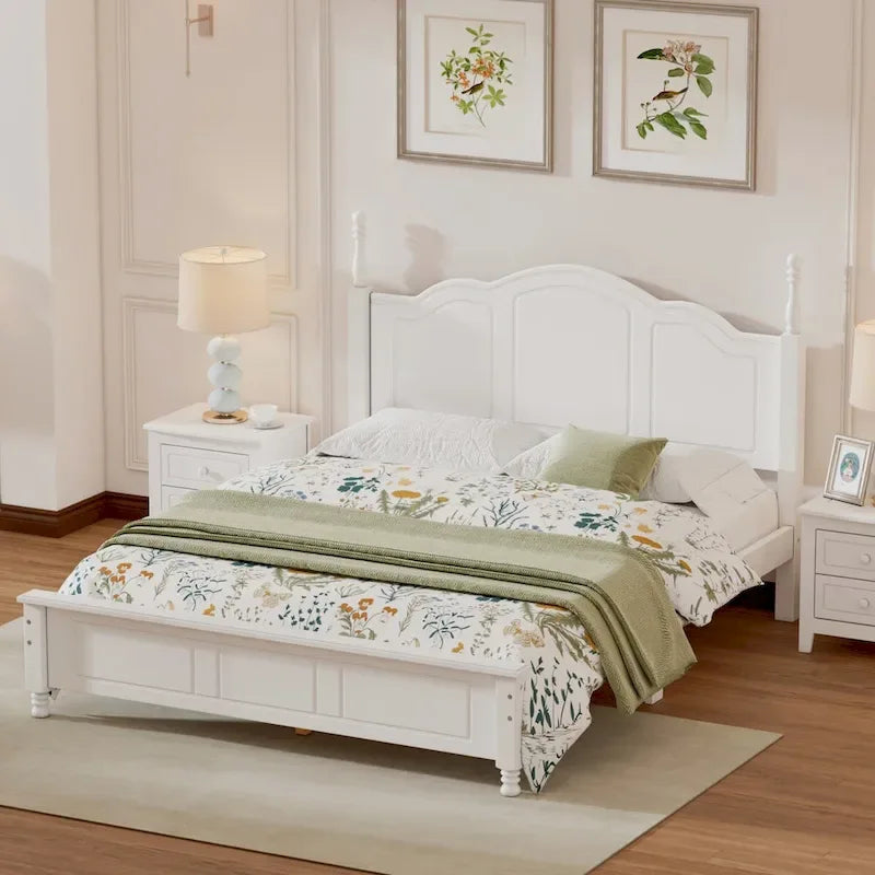 Queen Size Retro Style Wood Platform Bed Frame with Headboard and Wooden Slat Support