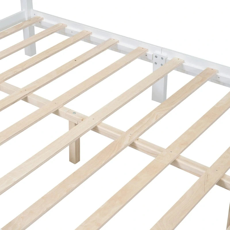 Queen Size Retro Style Wood Platform Bed Frame with Headboard and Wooden Slat Support
