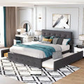 Queen Size Linen Fabric Upholstered Platform Bed with Button-Tufted Headboard