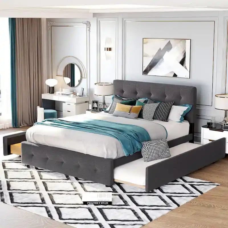 Queen Size Linen Fabric Upholstered Platform Bed with Button-Tufted Headboard