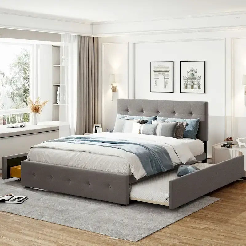Queen Size Linen Fabric Upholstered Platform Bed with Button-Tufted Headboard