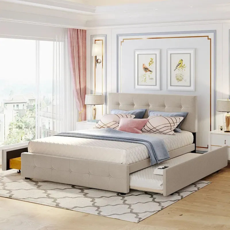 Queen Size Linen Fabric Upholstered Platform Bed with Button-Tufted Headboard