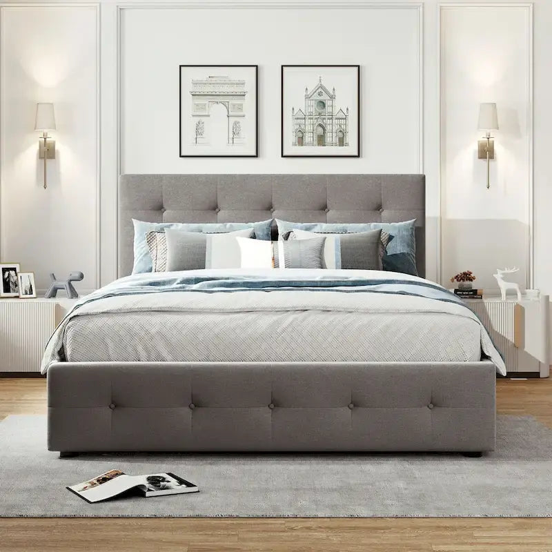 Queen Size Linen Fabric Upholstered Platform Bed with Button-Tufted Headboard