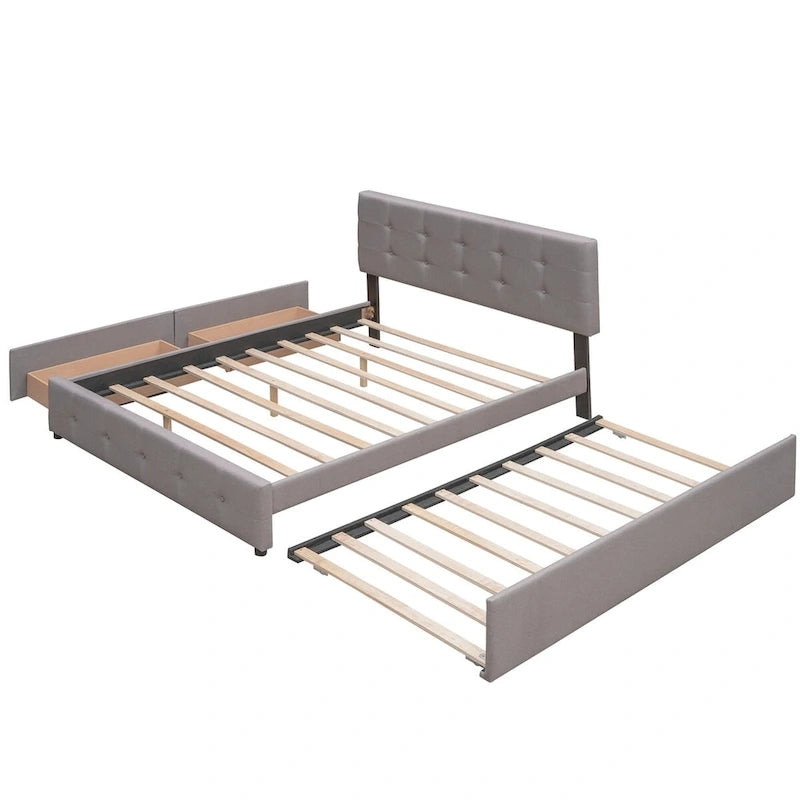 Queen Size Linen Fabric Upholstered Platform Bed with Button-Tufted Headboard