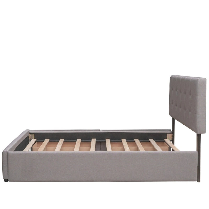 Queen Size Linen Fabric Upholstered Platform Bed with Button-Tufted Headboard