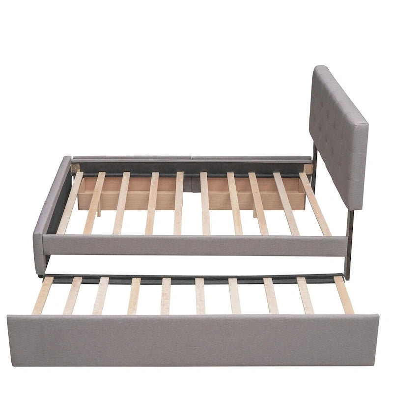 Queen Size Linen Fabric Upholstered Platform Bed with Button-Tufted Headboard