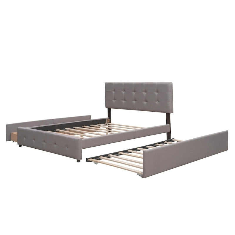 Queen Size Linen Fabric Upholstered Platform Bed with Button-Tufted Headboard