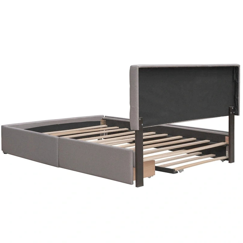 Queen Size Linen Fabric Upholstered Platform Bed with Button-Tufted Headboard