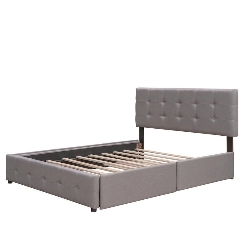 Queen Size Linen Fabric Upholstered Platform Bed with Button-Tufted Headboard
