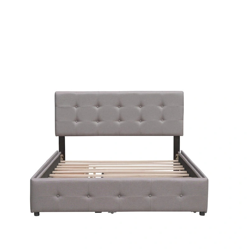 Queen Size Linen Fabric Upholstered Platform Bed with Button-Tufted Headboard