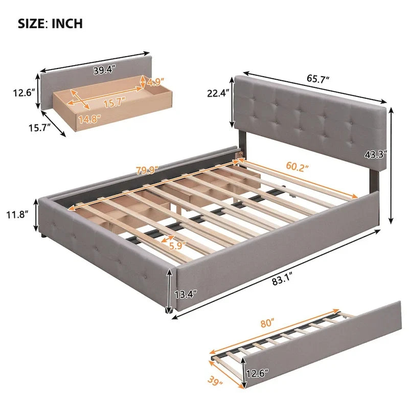 Queen Size Linen Fabric Upholstered Platform Bed with Button-Tufted Headboard