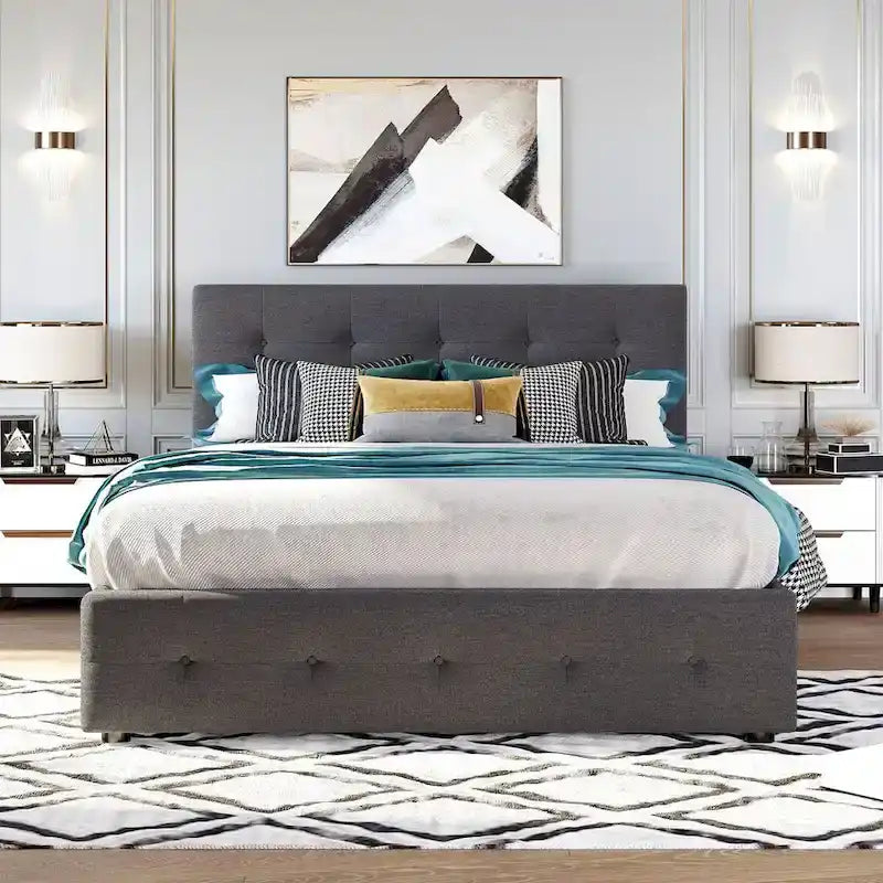 Queen Size Linen Fabric Upholstered Platform Bed with Button-Tufted Headboard