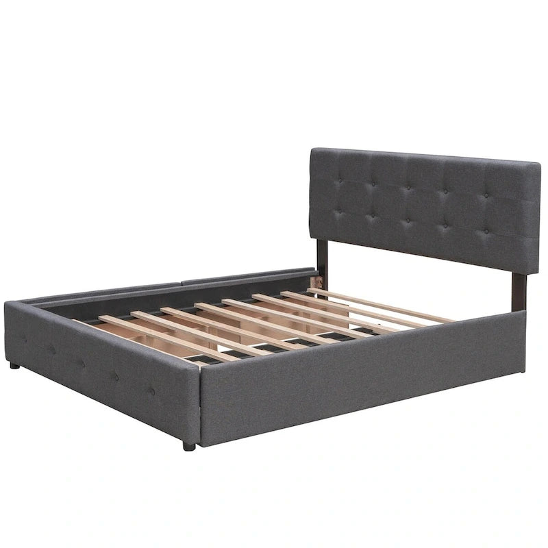 Queen Size Linen Fabric Upholstered Platform Bed with Button-Tufted Headboard