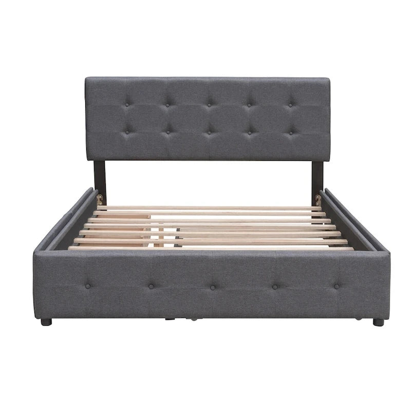 Queen Size Linen Fabric Upholstered Platform Bed with Button-Tufted Headboard