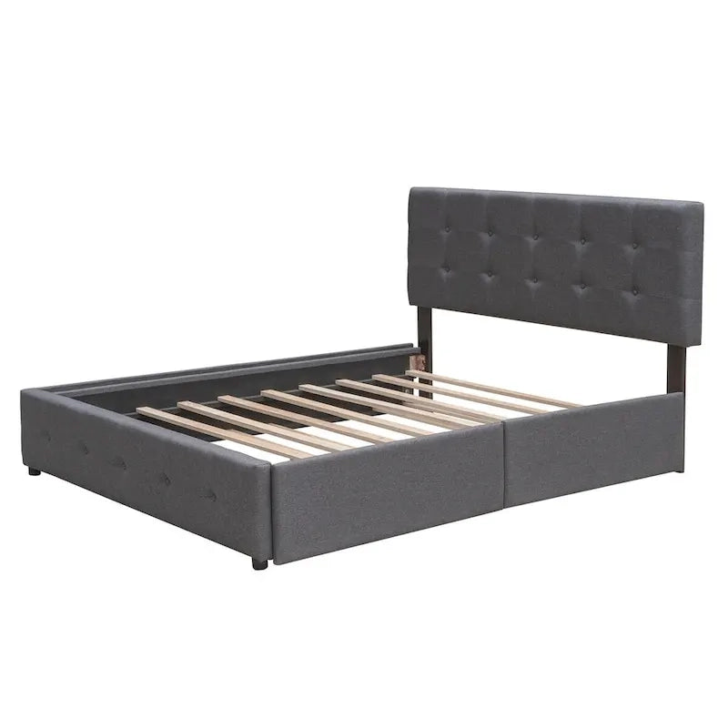 Queen Size Linen Fabric Upholstered Platform Bed with Button-Tufted Headboard