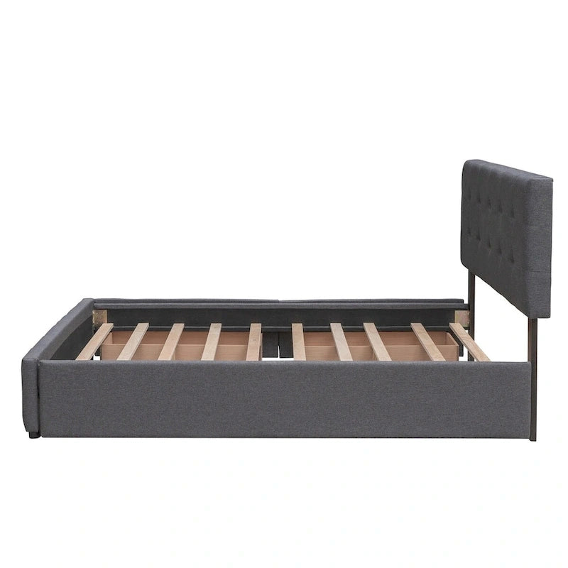 Queen Size Linen Fabric Upholstered Platform Bed with Button-Tufted Headboard