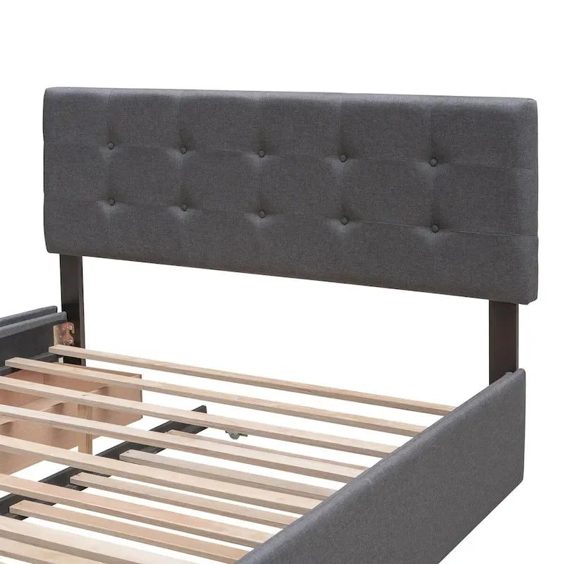 Queen Size Linen Fabric Upholstered Platform Bed with Button-Tufted Headboard