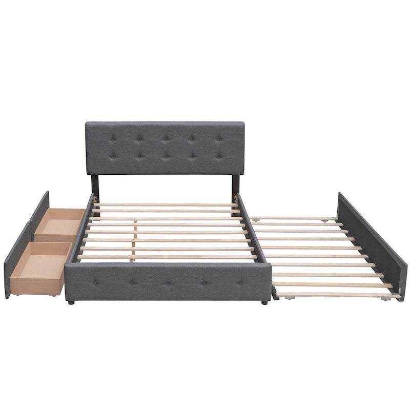Queen Size Linen Fabric Upholstered Platform Bed with Button-Tufted Headboard
