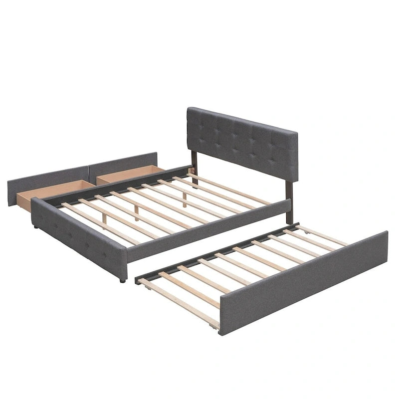 Queen Size Linen Fabric Upholstered Platform Bed with Button-Tufted Headboard