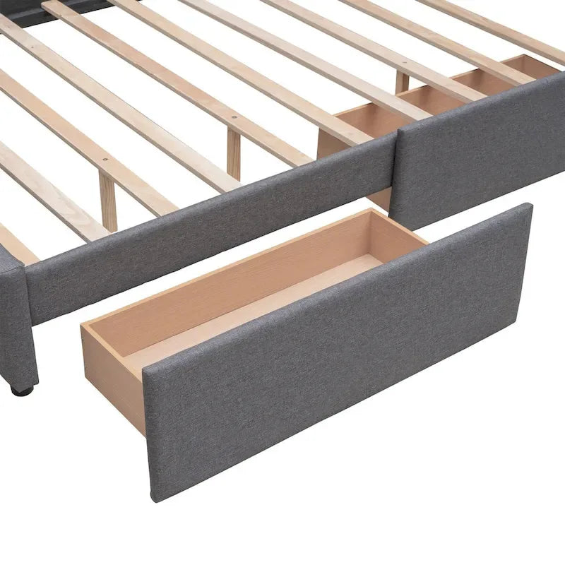 Queen Size Linen Fabric Upholstered Platform Bed with Button-Tufted Headboard