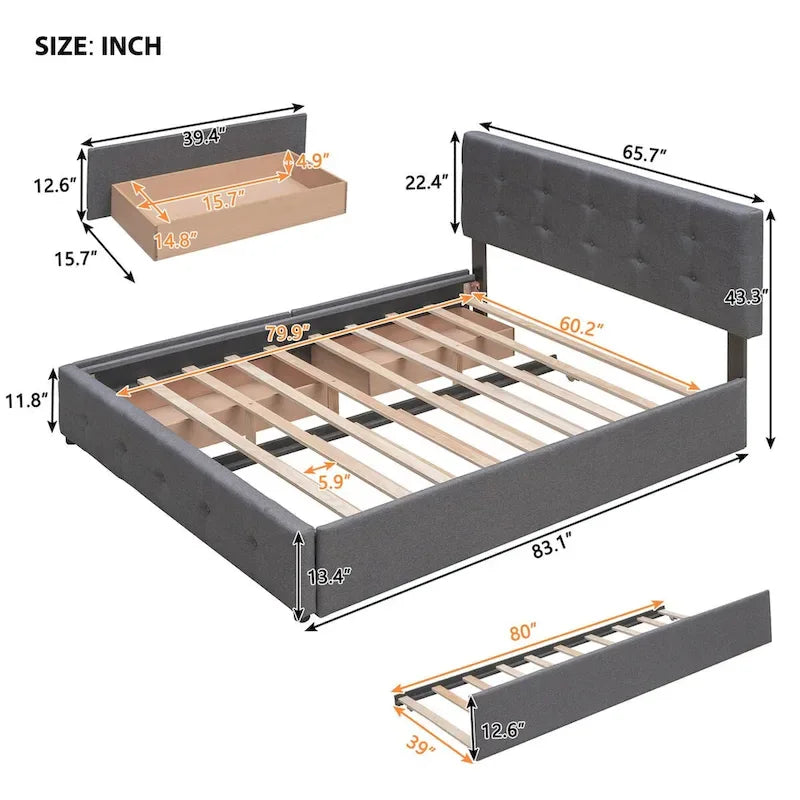 Queen Size Linen Fabric Upholstered Platform Bed with Button-Tufted Headboard