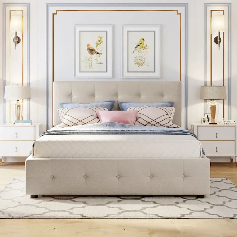 Queen Size Linen Fabric Upholstered Platform Bed with Button-Tufted Headboard