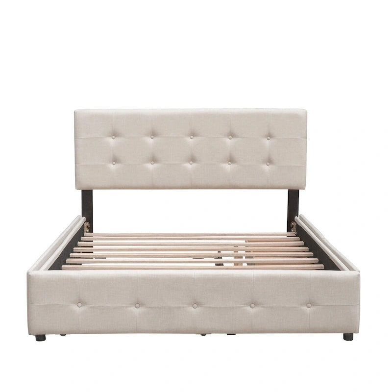 Queen Size Linen Fabric Upholstered Platform Bed with Button-Tufted Headboard