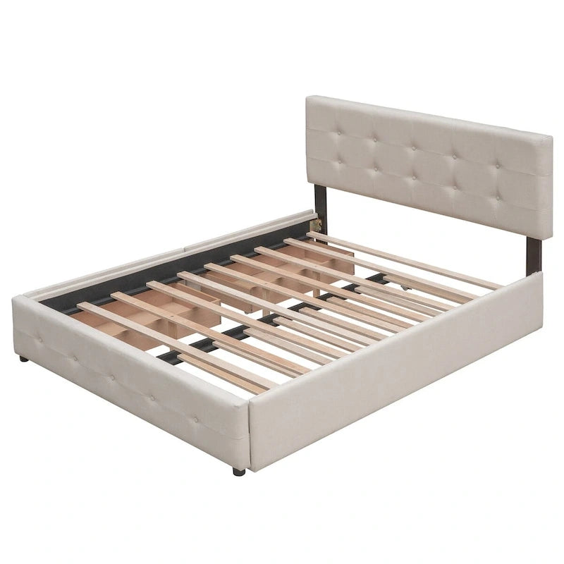 Queen Size Linen Fabric Upholstered Platform Bed with Button-Tufted Headboard