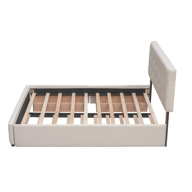 Queen Size Linen Fabric Upholstered Platform Bed with Button-Tufted Headboard