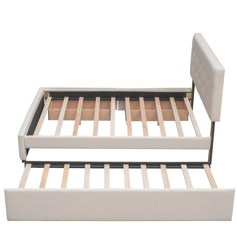 Queen Size Linen Fabric Upholstered Platform Bed with Button-Tufted Headboard