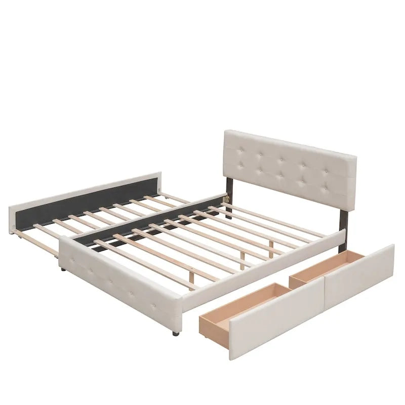 Queen Size Linen Fabric Upholstered Platform Bed with Button-Tufted Headboard