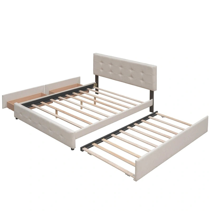Queen Size Linen Fabric Upholstered Platform Bed with Button-Tufted Headboard
