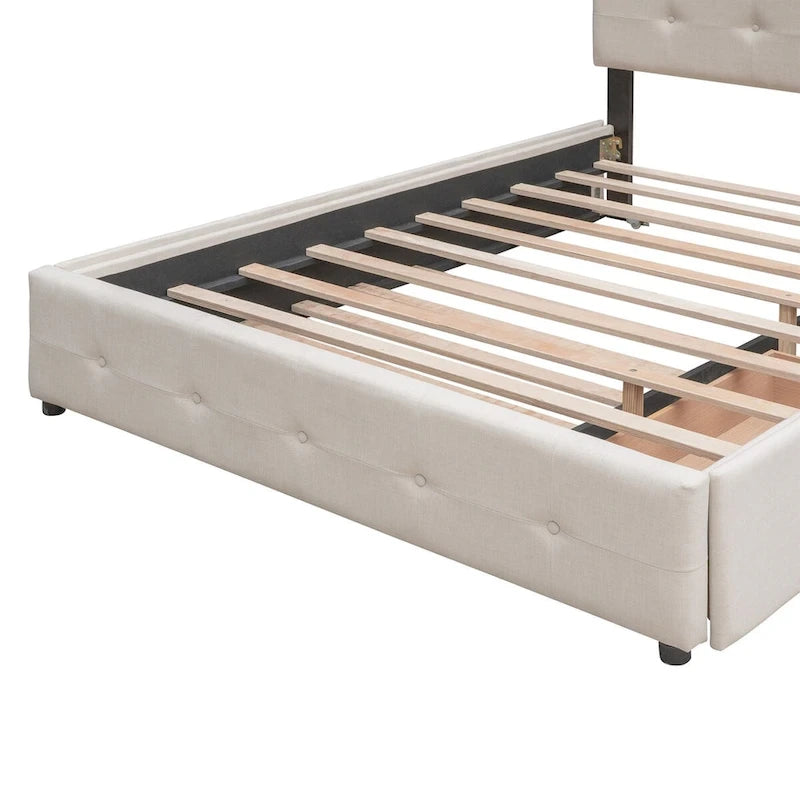 Queen Size Linen Fabric Upholstered Platform Bed with Button-Tufted Headboard