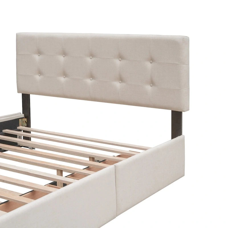 Queen Size Linen Fabric Upholstered Platform Bed with Button-Tufted Headboard