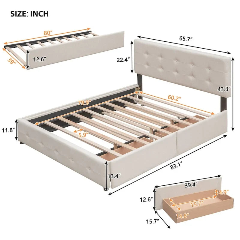 Queen Size Linen Fabric Upholstered Platform Bed with Button-Tufted Headboard