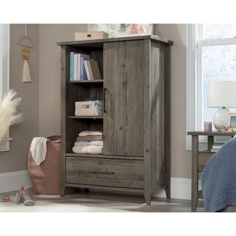 Sliding Door Storage Wardrobe Armoire with Adjustable Shelves and Drawer