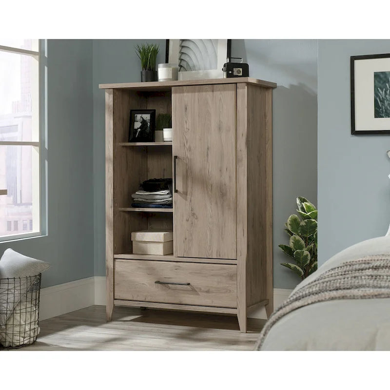 Sliding Door Storage Wardrobe Armoire with Adjustable Shelves and Drawer