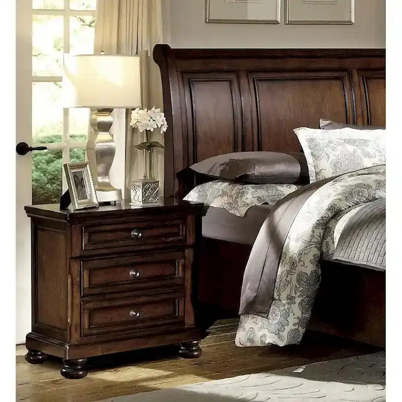 Classic Brown Cherry Finish Sleigh Platform Storage Bed with Dovetail Drawers