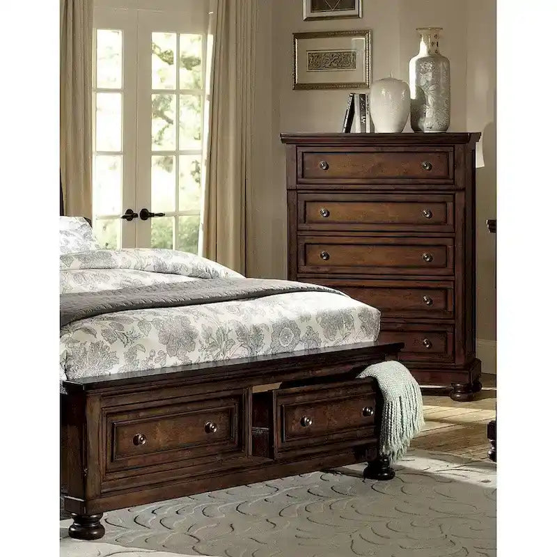 Classic Brown Cherry Finish Sleigh Platform Storage Bed with Dovetail Drawers