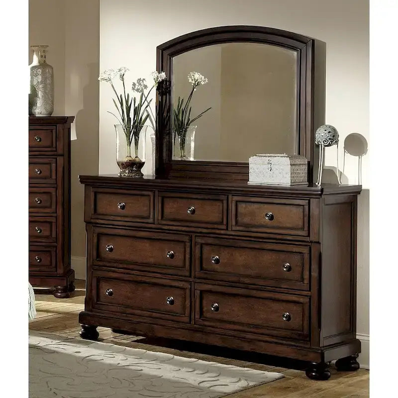 Classic Brown Cherry Finish Sleigh Platform Storage Bed with Dovetail Drawers