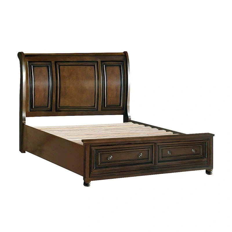 Classic Brown Cherry Finish Sleigh Platform Storage Bed with Dovetail Drawers